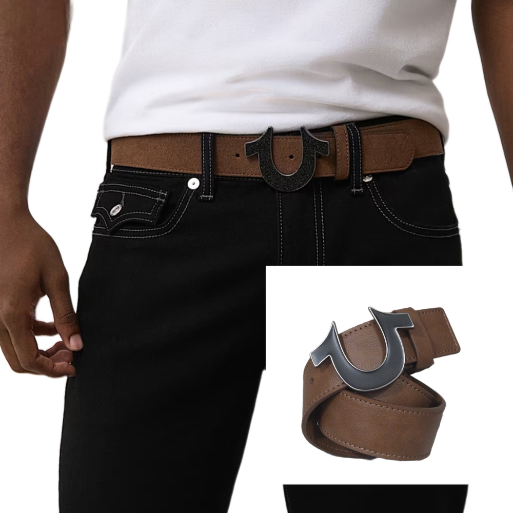NWT TRUE RELIGION Leather Belt with Pin Closure Logo Buckle